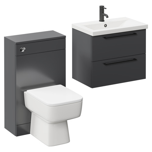 Napoli 390 Gloss Grey 1100mm Wall Mounted Vanity Unit Toilet Suite with 1 Tap Hole Basin and 2 Drawers with Matt Black Handles Left Hand View