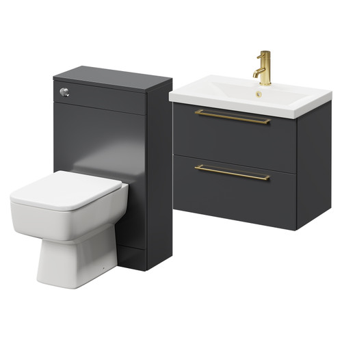 Napoli 390 Gloss Grey 1100mm Wall Mounted Vanity Unit Toilet Suite with 1 Tap Hole Basin and 2 Drawers with Brushed Brass Handles Right Hand View