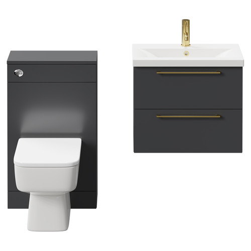 Napoli 390 Gloss Grey 1100mm Wall Mounted Vanity Unit Toilet Suite with 1 Tap Hole Basin and 2 Drawers with Brushed Brass Handles Front View