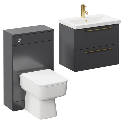 Napoli 390 Gloss Grey 1100mm Wall Mounted Vanity Unit Toilet Suite with 1 Tap Hole Basin and 2 Drawers with Brushed Brass Handles Left Hand View
