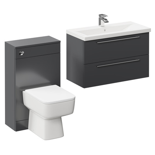 Napoli 390 Gloss Grey 1300mm Wall Mounted Vanity Unit Toilet Suite with 1 Tap Hole Basin and 2 Drawers with Polished Chrome Handles Left Hand View