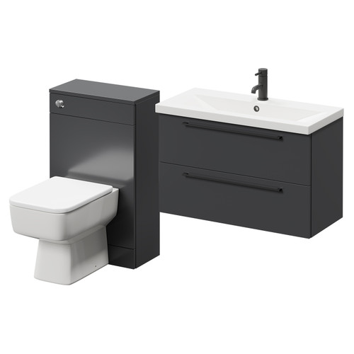 Napoli 390 Gloss Grey 1300mm Wall Mounted Vanity Unit Toilet Suite with 1 Tap Hole Basin and 2 Drawers with Matt Black Handles Right Hand View