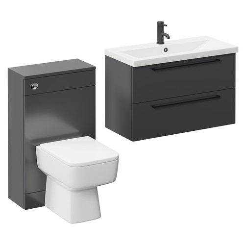 Napoli 390 Gloss Grey 1300mm Wall Mounted Vanity Unit Toilet Suite with 1 Tap Hole Basin and 2 Drawers with Matt Black Handles Left Hand View