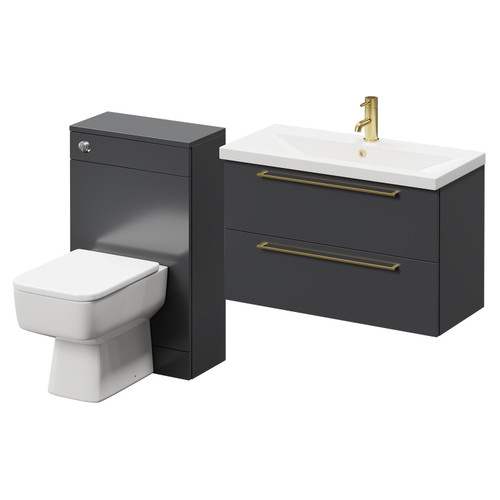 Napoli 390 Gloss Grey 1300mm Wall Mounted Vanity Unit Toilet Suite with 1 Tap Hole Basin and 2 Drawers with Brushed Brass Handles Right Hand View
