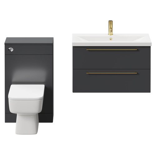 Napoli 390 Gloss Grey 1300mm Wall Mounted Vanity Unit Toilet Suite with 1 Tap Hole Basin and 2 Drawers with Brushed Brass Handles Front View