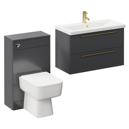 Napoli 390 Gloss Grey 1300mm Wall Mounted Vanity Unit Toilet Suite with 1 Tap Hole Basin and 2 Drawers with Brushed Brass Handles Left Hand View