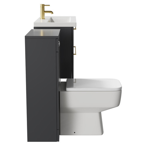 Napoli 390 Gloss Grey 1300mm Wall Mounted Vanity Unit Toilet Suite with 1 Tap Hole Basin and 2 Drawers with Brushed Brass Handles Side View