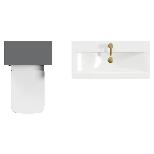 Napoli 390 Gloss Grey 1300mm Wall Mounted Vanity Unit Toilet Suite with 1 Tap Hole Basin and 2 Drawers with Brushed Brass Handles View from Top
