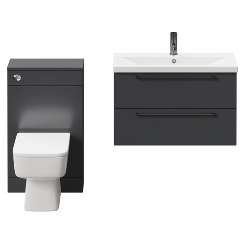 Napoli 390 Gloss Grey 1300mm Wall Mounted Vanity Unit Toilet Suite with 1 Tap Hole Basin and 2 Drawers with Gunmetal Grey Handles Front View