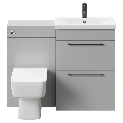 Napoli 390 Gloss Grey Pearl 1100mm Vanity Unit Toilet Suite with 1 Tap Hole Basin and 2 Drawers with Matt Black Handles Front View