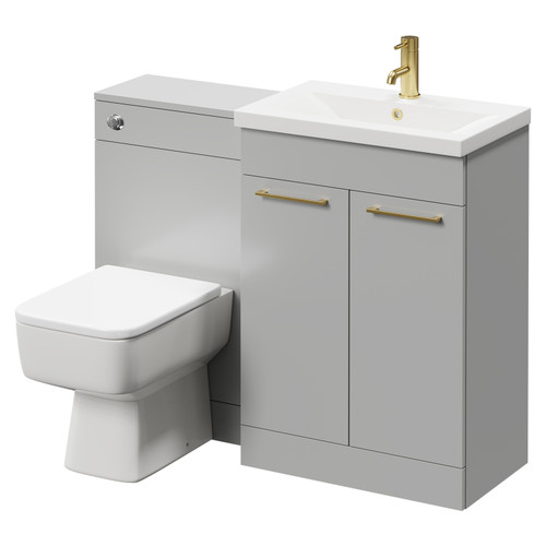 Napoli 390 Gloss Grey Pearl 1100mm Vanity Unit Toilet Suite with 1 Tap Hole Basin and 2 Doors with Brushed Brass Handles Right Hand View