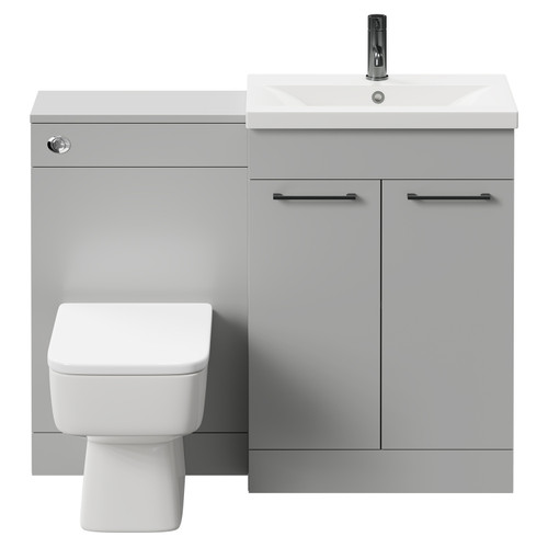 Napoli 390 Gloss Grey Pearl 1100mm Vanity Unit Toilet Suite with 1 Tap Hole Basin and 2 Doors with Gunmetal Grey Handles Front View