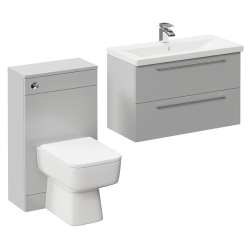 Napoli 390 Gloss Grey Pearl 1300mm Wall Mounted Vanity Unit Toilet Suite with 1 Tap Hole Basin and 2 Drawers with Polished Chrome Handles Left Hand View