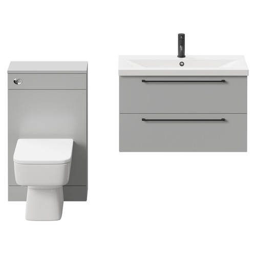 Napoli 390 Gloss Grey Pearl 1300mm Wall Mounted Vanity Unit Toilet Suite with 1 Tap Hole Basin and 2 Drawers with Matt Black Handles Front View