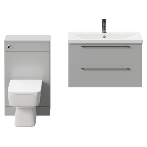 Napoli 390 Gloss Grey Pearl 1300mm Wall Mounted Vanity Unit Toilet Suite with 1 Tap Hole Basin and 2 Drawers with Gunmetal Grey Handles Front View