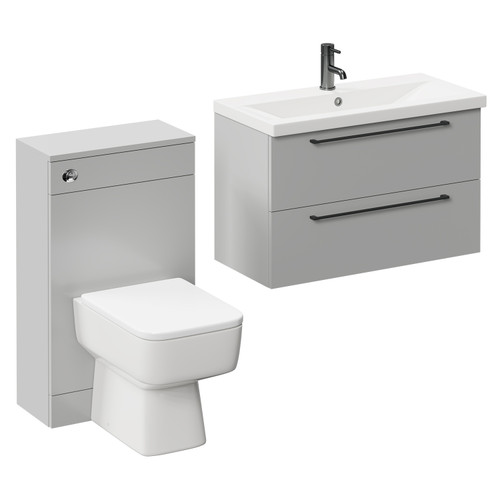 Napoli 390 Gloss Grey Pearl 1300mm Wall Mounted Vanity Unit Toilet Suite with 1 Tap Hole Basin and 2 Drawers with Gunmetal Grey Handles Left Hand View