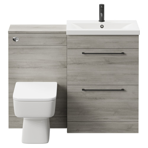 Napoli 390 Molina Ash 1100mm Vanity Unit Toilet Suite with 1 Tap Hole Basin and 2 Drawers with Matt Black Handles Front View