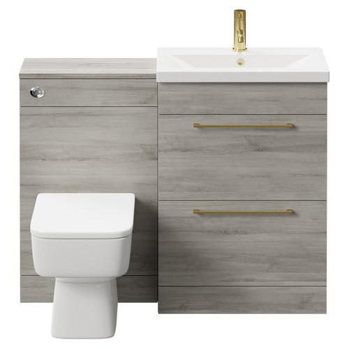 Napoli 390 Molina Ash 1100mm Vanity Unit Toilet Suite with 1 Tap Hole Basin and 2 Drawers with Brushed Brass Handles Front View