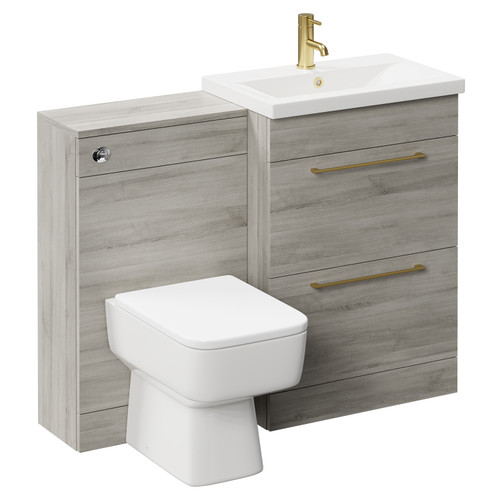 Napoli 390 Molina Ash 1100mm Vanity Unit Toilet Suite with 1 Tap Hole Basin and 2 Drawers with Brushed Brass Handles Left Hand View