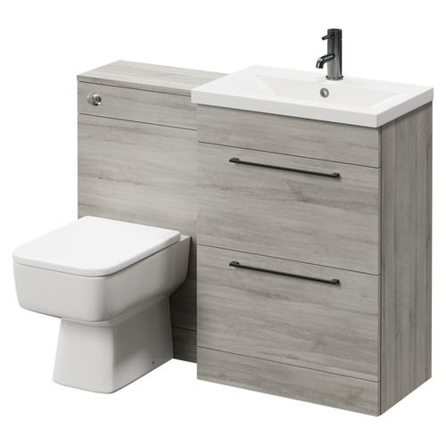 Napoli 390 Molina Ash 1100mm Vanity Unit Toilet Suite with 1 Tap Hole Basin and 2 Drawers with Gunmetal Grey Handles Right Hand View