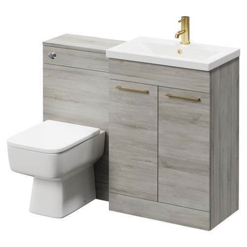 Napoli 390 Molina Ash 1100mm Vanity Unit Toilet Suite with 1 Tap Hole Basin and 2 Doors with Brushed Brass Handles Right Hand View