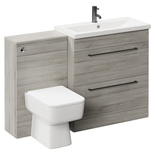 Napoli 390 Molina Ash 1300mm Vanity Unit Toilet Suite with 1 Tap Hole Basin and 2 Drawers with Gunmetal Grey Handles Left Hand View