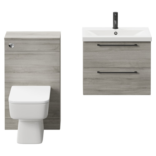 Napoli 390 Molina Ash 1100mm Wall Mounted Vanity Unit Toilet Suite with 1 Tap Hole Basin and 2 Drawers with Matt Black Handles Front View
