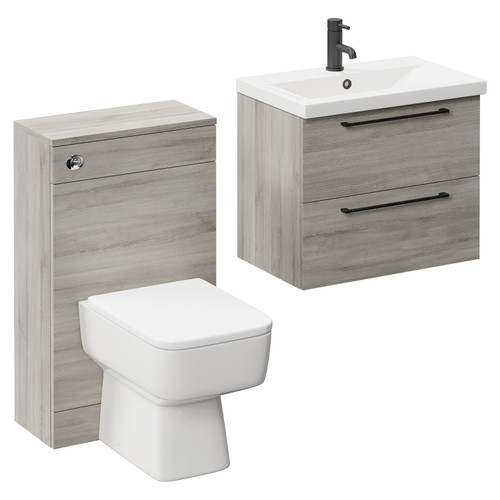 Napoli 390 Molina Ash 1100mm Wall Mounted Vanity Unit Toilet Suite with 1 Tap Hole Basin and 2 Drawers with Matt Black Handles Left Hand View