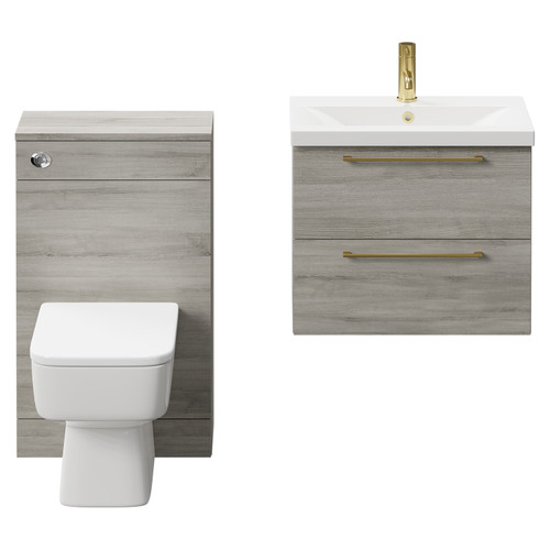 Napoli 390 Molina Ash 1100mm Wall Mounted Vanity Unit Toilet Suite with 1 Tap Hole Basin and 2 Drawers with Brushed Brass Handles Front View