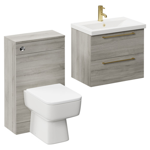 Napoli 390 Molina Ash 1100mm Wall Mounted Vanity Unit Toilet Suite with 1 Tap Hole Basin and 2 Drawers with Brushed Brass Handles Left Hand View