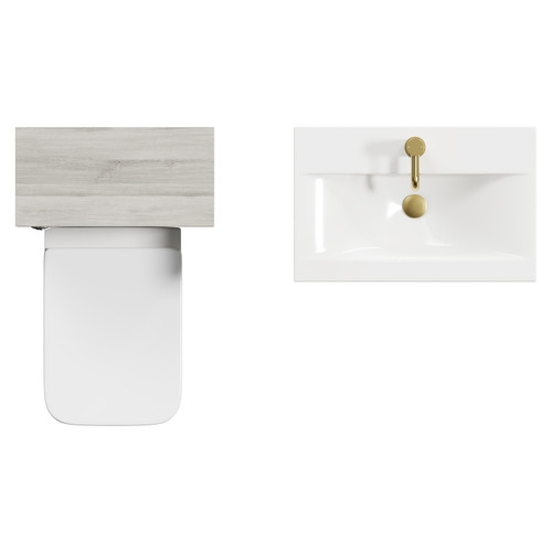 Napoli 390 Molina Ash 1100mm Wall Mounted Vanity Unit Toilet Suite with 1 Tap Hole Basin and 2 Drawers with Brushed Brass Handles View from Top