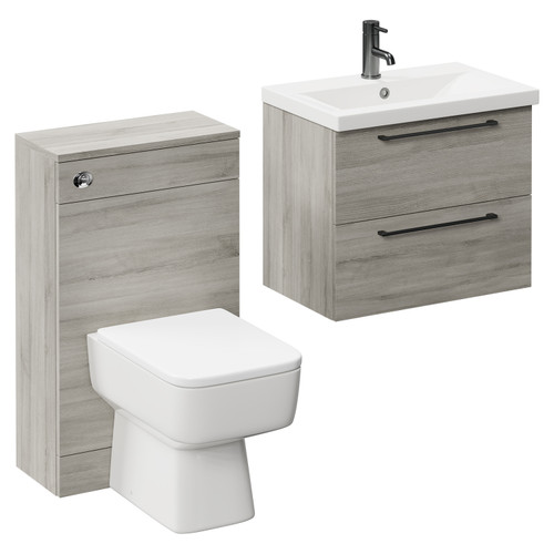 Napoli 390 Molina Ash 1100mm Wall Mounted Vanity Unit Toilet Suite with 1 Tap Hole Basin and 2 Drawers with Gunmetal Grey Handles Left Hand View