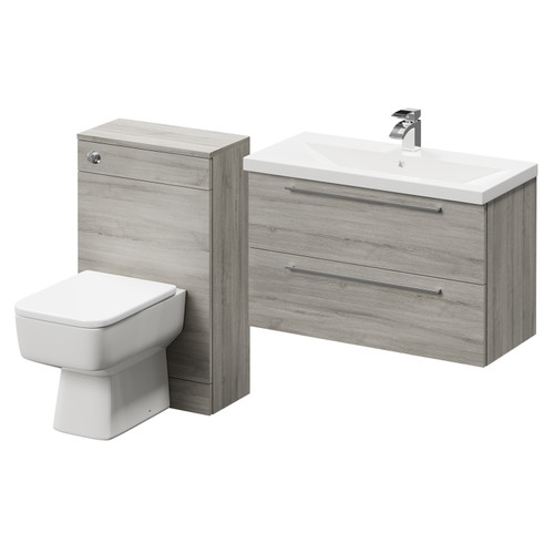 Napoli 390 Molina Ash 1300mm Wall Mounted Vanity Unit Toilet Suite with 1 Tap Hole Basin and 2 Drawers with Polished Chrome Handles Right Hand View