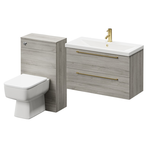 Napoli 390 Molina Ash 1300mm Wall Mounted Vanity Unit Toilet Suite with 1 Tap Hole Basin and 2 Drawers with Brushed Brass Handles Right Hand View