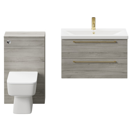 Napoli 390 Molina Ash 1300mm Wall Mounted Vanity Unit Toilet Suite with 1 Tap Hole Basin and 2 Drawers with Brushed Brass Handles Front View