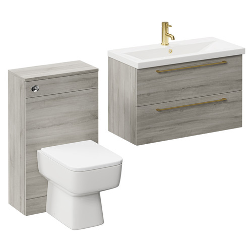 Napoli 390 Molina Ash 1300mm Wall Mounted Vanity Unit Toilet Suite with 1 Tap Hole Basin and 2 Drawers with Brushed Brass Handles Left Hand View