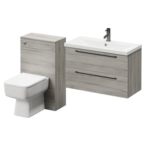 Napoli 390 Molina Ash 1300mm Wall Mounted Vanity Unit Toilet Suite with 1 Tap Hole Basin and 2 Drawers with Gunmetal Grey Handles Right Hand View