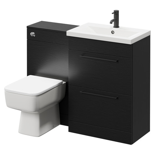 Napoli 390 Nero Oak 1100mm Vanity Unit Toilet Suite with 1 Tap Hole Basin and 2 Drawers with Matt Black Handles Right Hand View