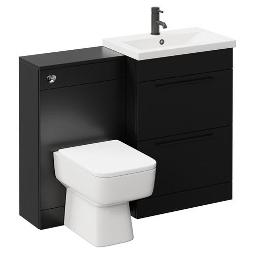 Napoli 390 Nero Oak 1100mm Vanity Unit Toilet Suite with 1 Tap Hole Basin and 2 Drawers with Matt Black Handles Left Hand View