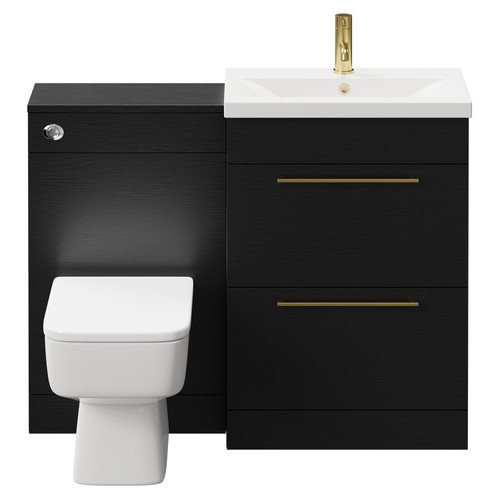 Napoli 390 Nero Oak 1100mm Vanity Unit Toilet Suite with 1 Tap Hole Basin and 2 Drawers with Brushed Brass Handles Front View