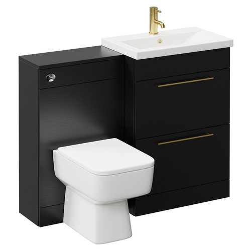 Napoli 390 Nero Oak 1100mm Vanity Unit Toilet Suite with 1 Tap Hole Basin and 2 Drawers with Brushed Brass Handles Left Hand View