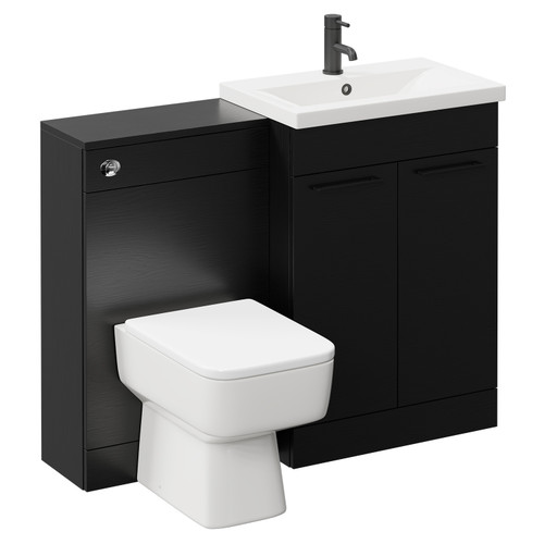 Napoli 390 Nero Oak 1100mm Vanity Unit Toilet Suite with 1 Tap Hole Basin and 2 Doors with Matt Black Handles Left Hand View
