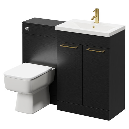 Napoli 390 Nero Oak 1100mm Vanity Unit Toilet Suite with 1 Tap Hole Basin and 2 Doors with Brushed Brass Handles Right Hand View