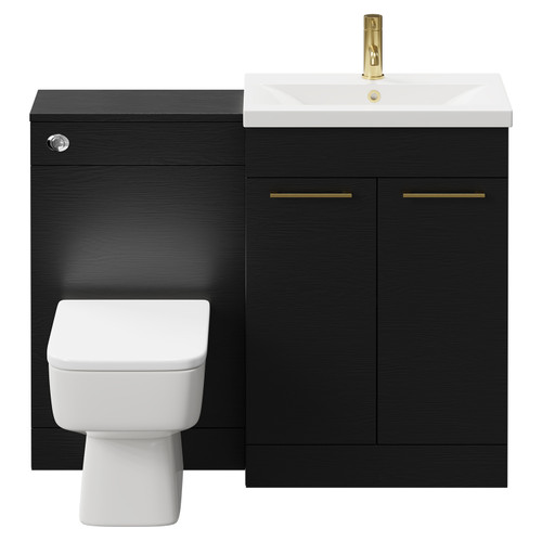 Napoli 390 Nero Oak 1100mm Vanity Unit Toilet Suite with 1 Tap Hole Basin and 2 Doors with Brushed Brass Handles Front View