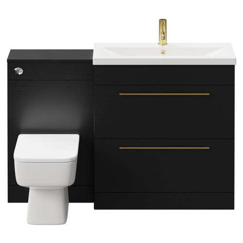 Napoli 390 Nero Oak 1300mm Vanity Unit Toilet Suite with 1 Tap Hole Basin and 2 Drawers with Brushed Brass Handles Front View