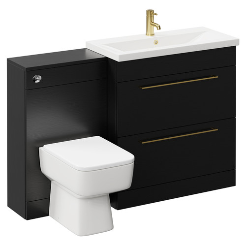 Napoli 390 Nero Oak 1300mm Vanity Unit Toilet Suite with 1 Tap Hole Basin and 2 Drawers with Brushed Brass Handles Left Hand View