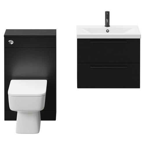 Napoli 390 Nero Oak 1100mm Wall Mounted Vanity Unit Toilet Suite with 1 Tap Hole Basin and 2 Drawers with Matt Black Handles Front View