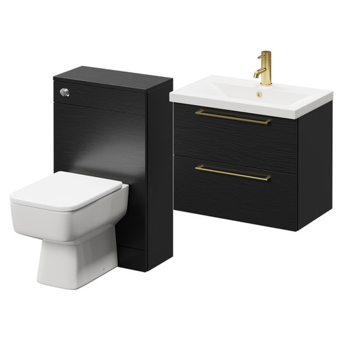 Napoli 390 Nero Oak 1100mm Wall Mounted Vanity Unit Toilet Suite with 1 Tap Hole Basin and 2 Drawers with Brushed Brass Handles Right Hand View