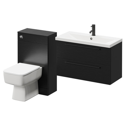 Napoli 390 Nero Oak 1300mm Wall Mounted Vanity Unit Toilet Suite with 1 Tap Hole Basin and 2 Drawers with Matt Black Handles Right Hand View