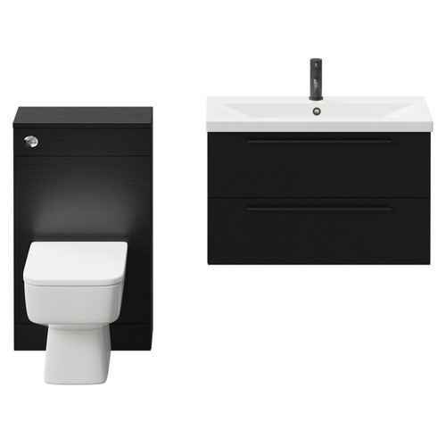 Napoli 390 Nero Oak 1300mm Wall Mounted Vanity Unit Toilet Suite with 1 Tap Hole Basin and 2 Drawers with Matt Black Handles Front View